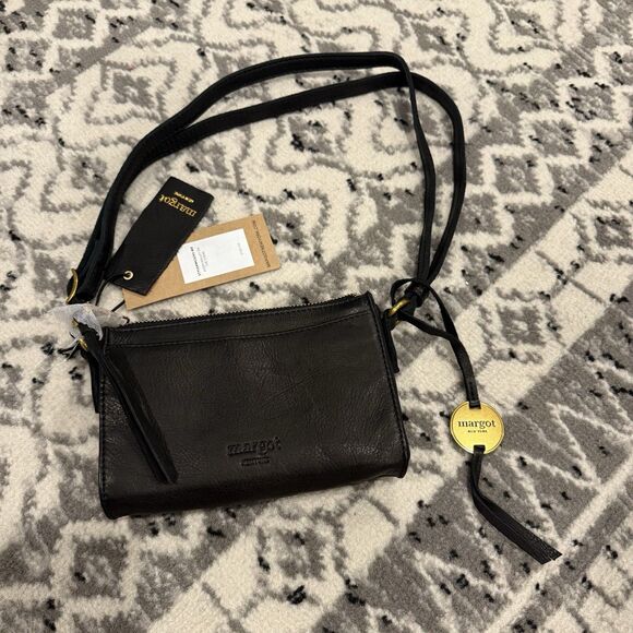 MARGOT Black Genuine Leather Crossbody shoulder Bag Aiden Wallet On String NWT - Picture 3 of 11
